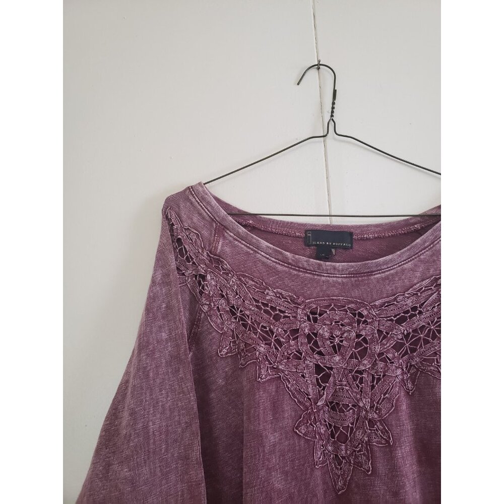 i Jeans By Buffalo Womens L Top Wine Acid Wash Lace Accent 100% Cotton Soft - Picture 4 of 6